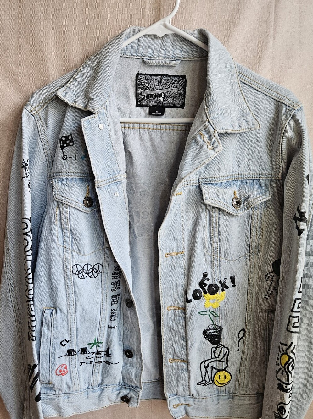 Light Wash Hand-Painted Denim Jacket with Graphic Art
